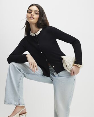 Black Long Sleeve Flower Trim Top