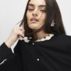 Black Long Sleeve Flower Trim Top