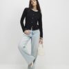 Black Long Sleeve Flower Trim Top