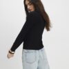 Black Long Sleeve Flower Trim Top