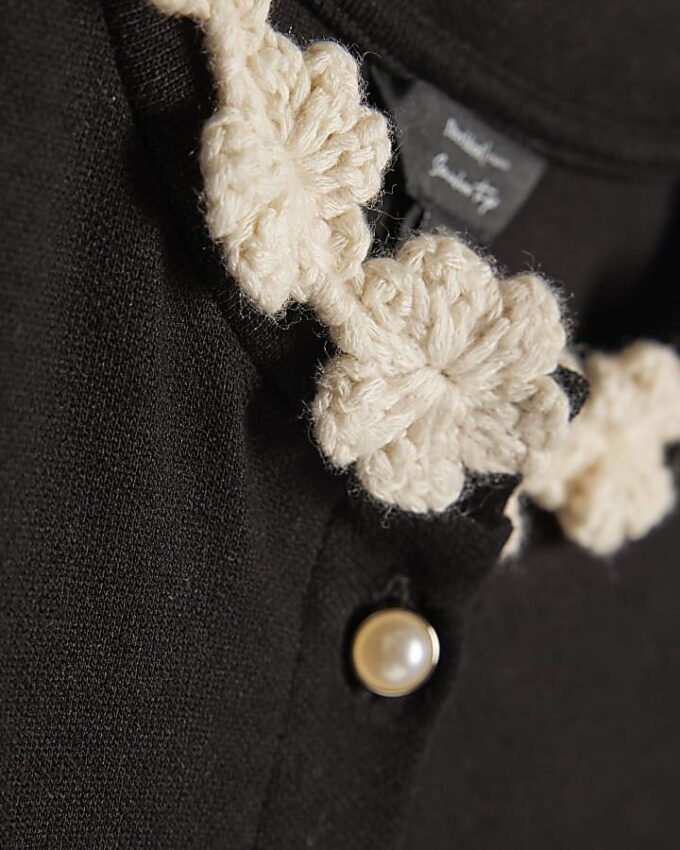 Black Long Sleeve Flower Trim Top