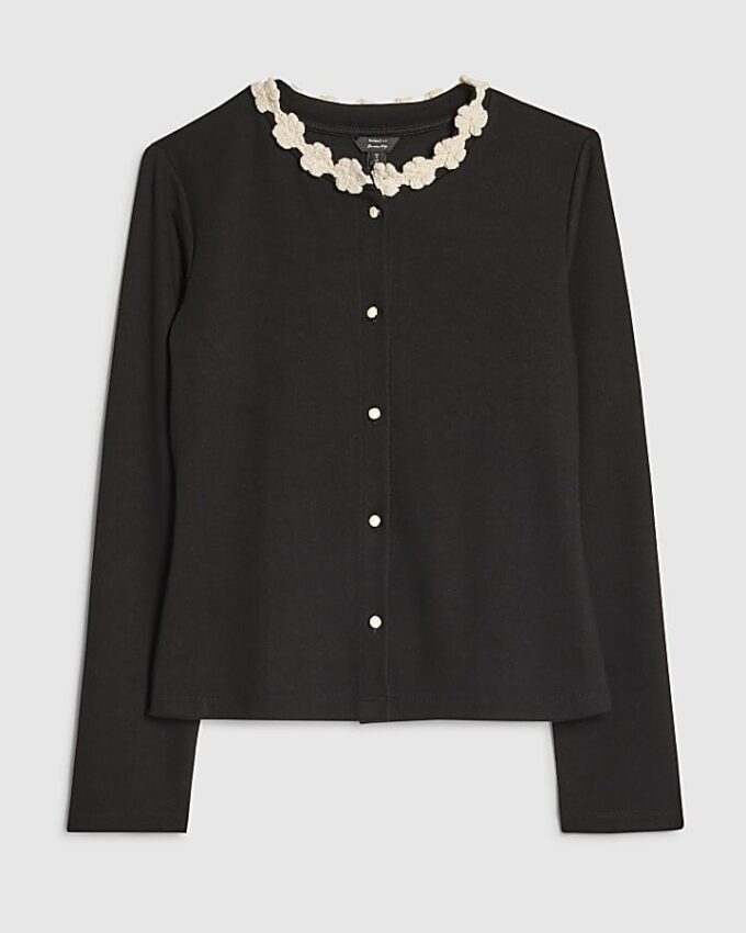 Black Long Sleeve Flower Trim Top