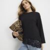 Black Long Sleeve Lace Hem Asymmetric Top
