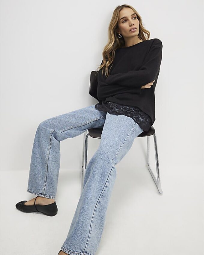 Black Long Sleeve Lace Hem Asymmetric Top
