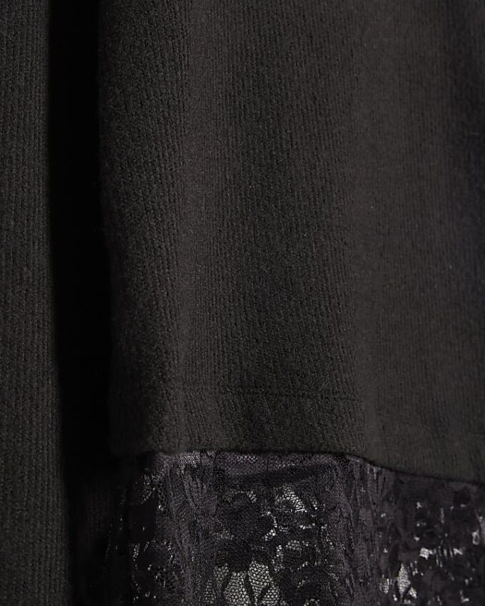 Black Long Sleeve Lace Hem Asymmetric Top