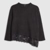 Black Long Sleeve Lace Hem Asymmetric Top