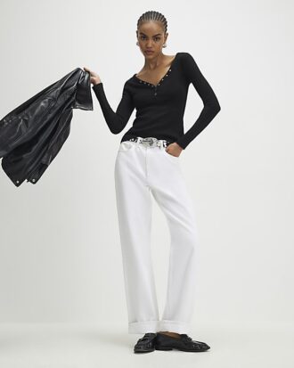 Black Long Sleeve Popper Ribbed Top