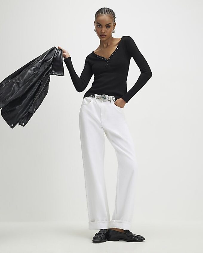 Black Long Sleeve Popper Ribbed Top