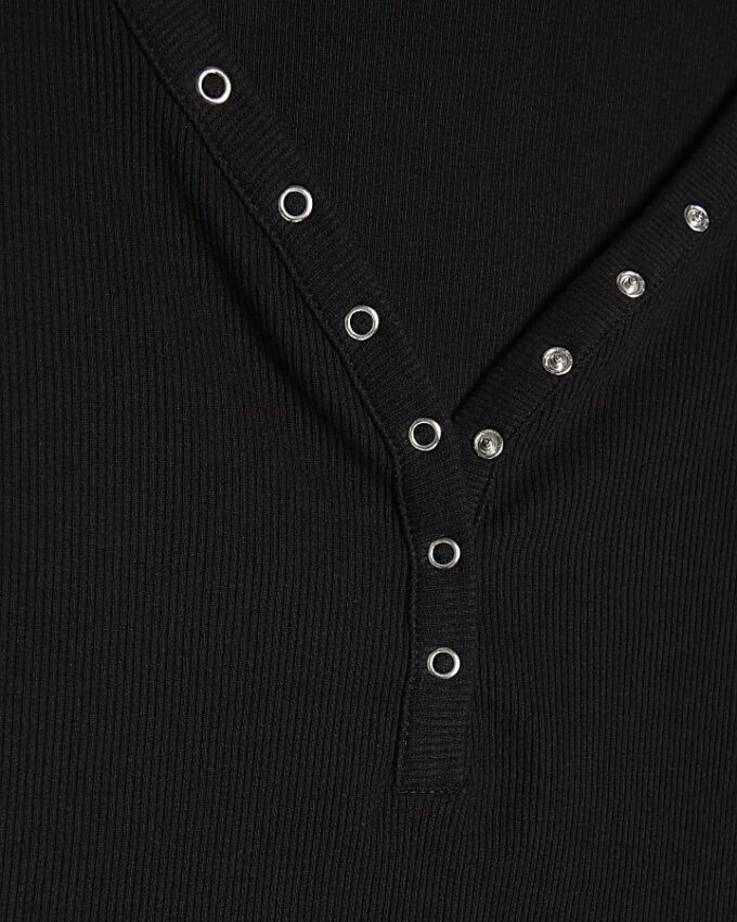 Black Long Sleeve Popper Ribbed Top