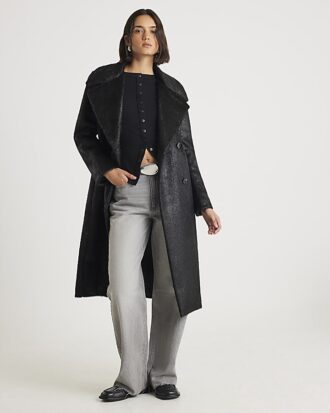 Black Long Sleeve Popper Through Ribbed Top