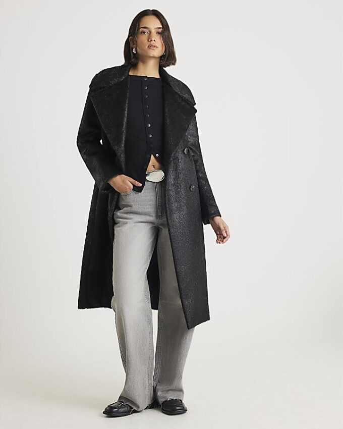 Black Long Sleeve Popper Through Ribbed Top