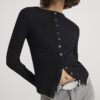 Black Long Sleeve Popper Through Ribbed Top
