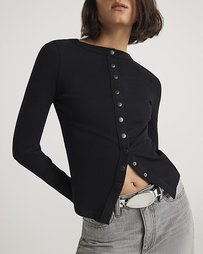 Black Long Sleeve Popper Through Ribbed Top