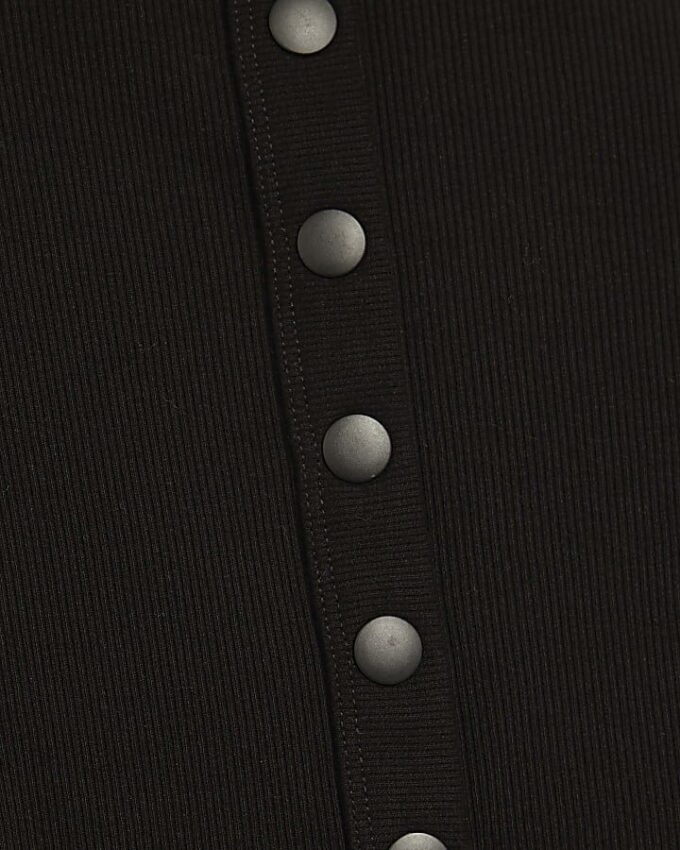 Black Long Sleeve Popper Through Ribbed Top