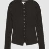 Black Long Sleeve Popper Through Ribbed Top