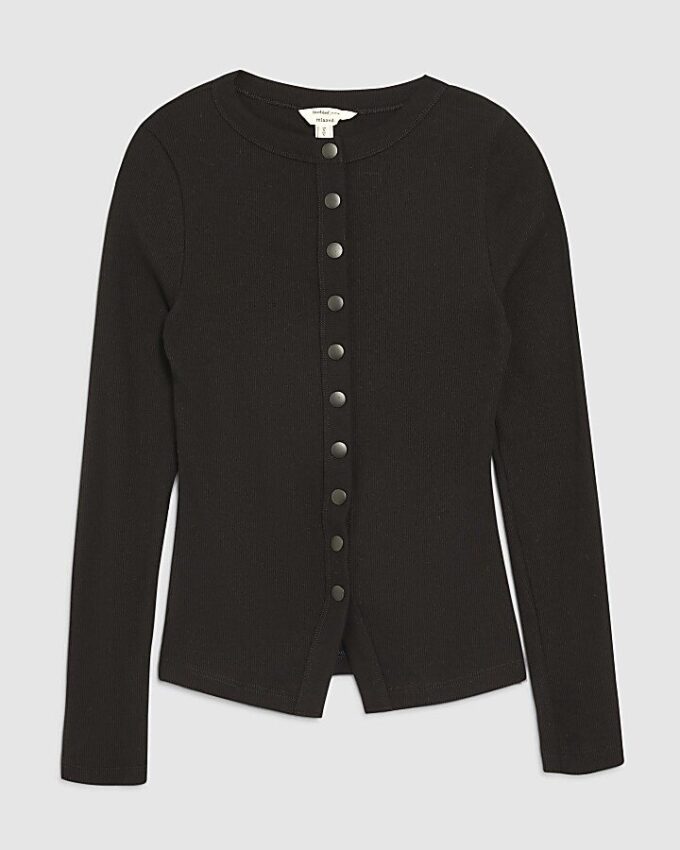 Black Long Sleeve Popper Through Ribbed Top