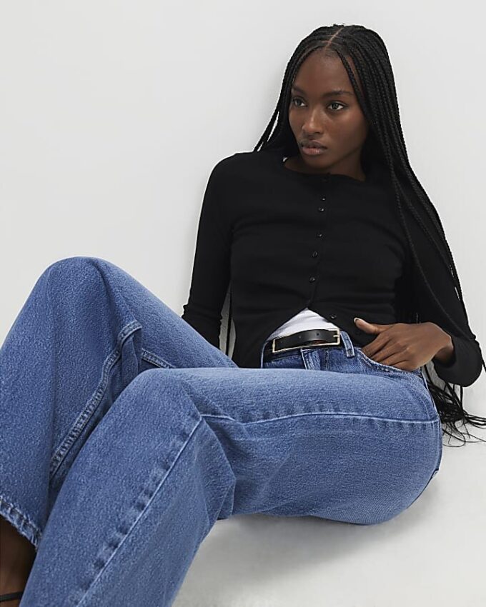 Black Long Sleeve Ribbed Button Up Top