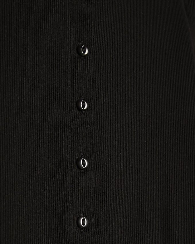 Black Long Sleeve Ribbed Button Up Top
