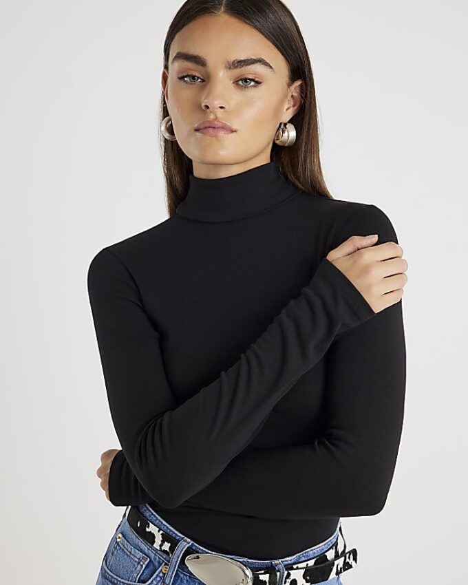 Black Long Sleeve Roll Neck Top
