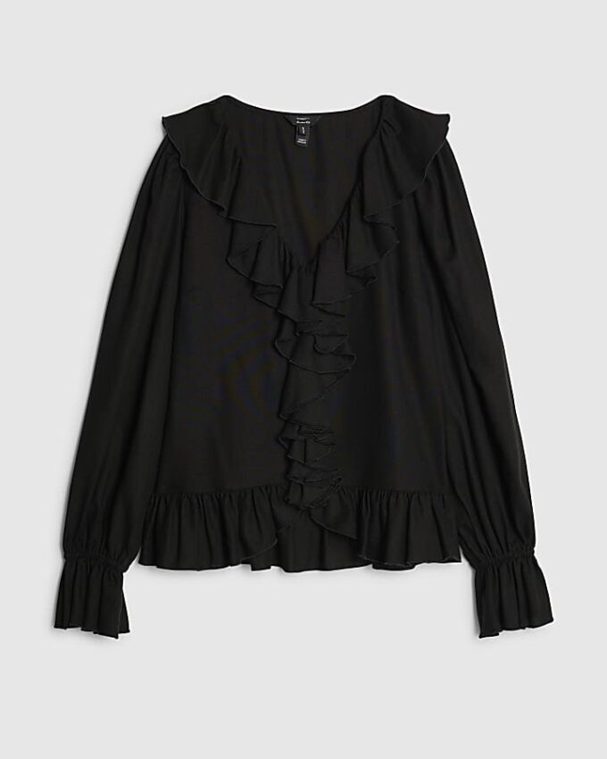 Black Long Sleeve Ruffle Blouse