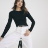 Black Long Sleeve Scallop Trim Top