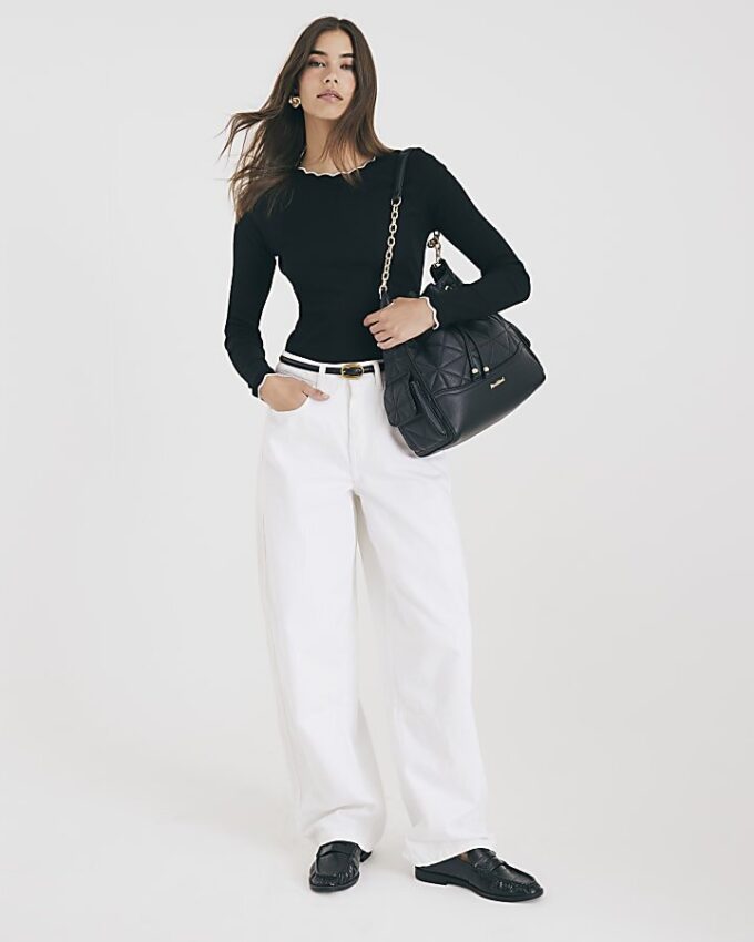 Black Long Sleeve Scallop Trim Top