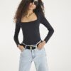 Black Long Sleeve Square Neck Bodysuit
