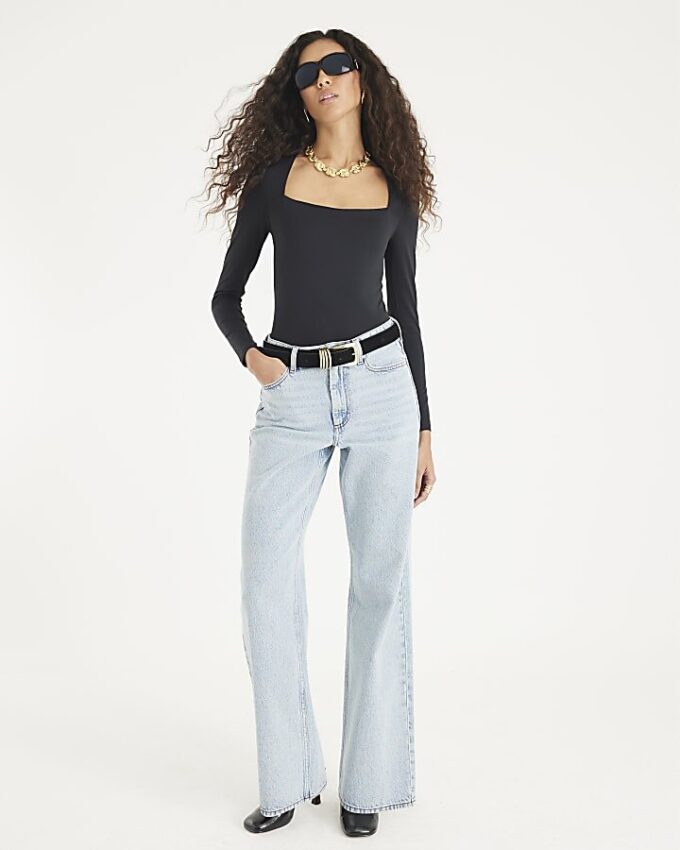 Black Long Sleeve Square Neck Bodysuit