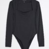 Black Long Sleeve Square Neck Bodysuit