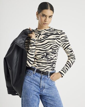 Black Long Sleeve Zebra Print Top