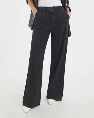 Black Mid Rise Wide Leg Tie Front Jeans