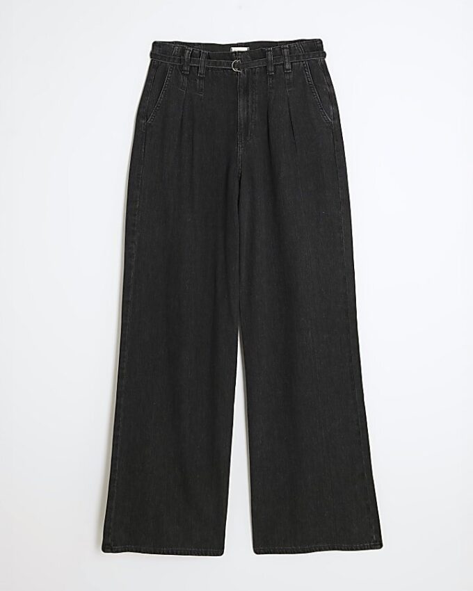 Black Mid Rise Wide Leg Tie Front Jeans
