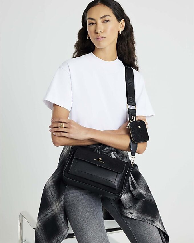 Black Monogram Faux Suede Cross Body Bag