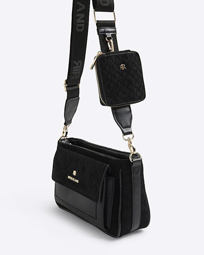 Black Monogram Faux Suede Cross Body Bag