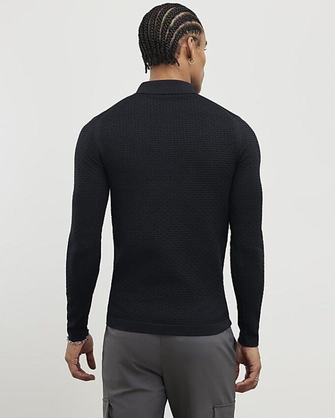 Black Muscle Fit Hexagon Polo Shirt