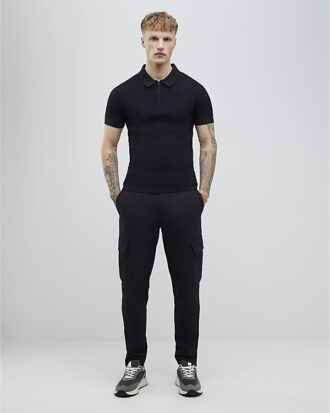 Black Muscle Fit Ribbed Polo Shirt