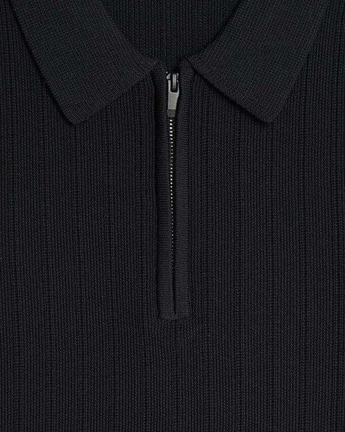 Black Muscle Fit Ribbed Polo Shirt