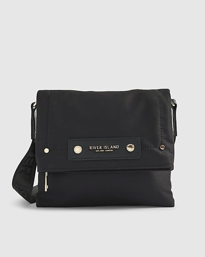 Black Nylon Flap Over Messenger bag