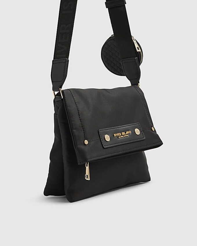 Black Nylon Flap Over Messenger bag