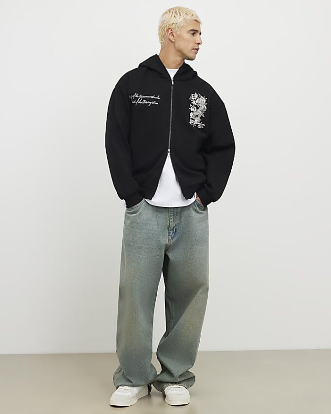 Black Oversized Fit Japanese Snake Zip Hoodie