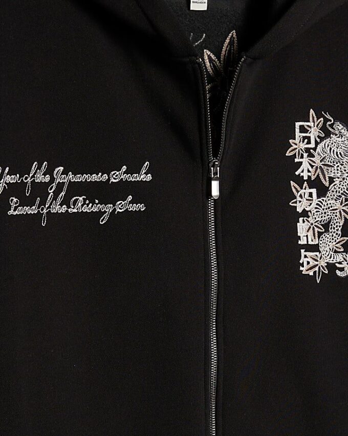 Black Oversized Fit Japanese Snake Zip Hoodie