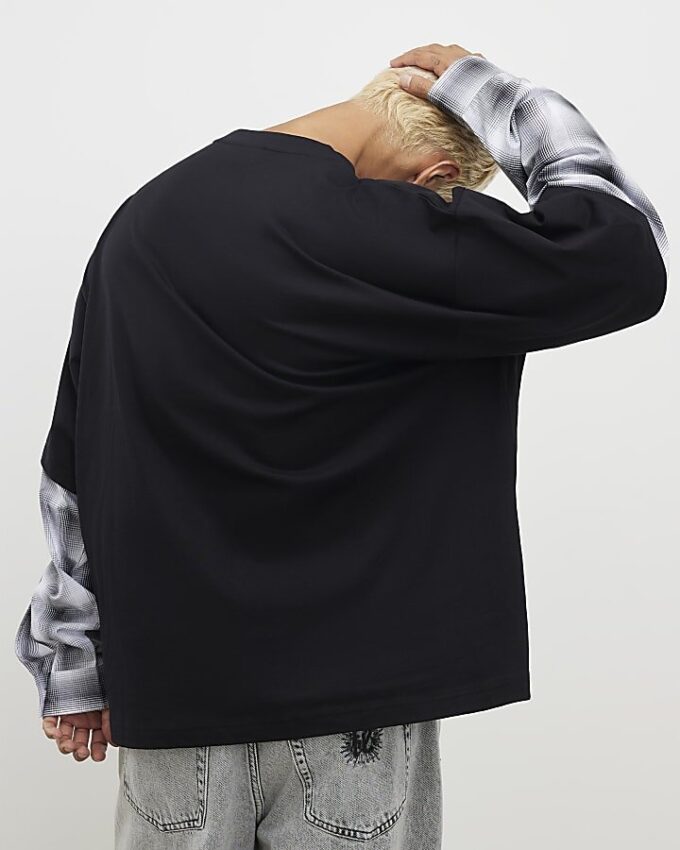 Black Oversized Fit Layered Check T-Shirt