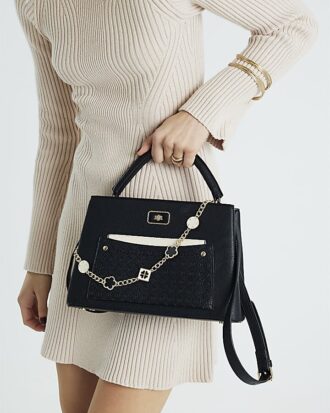 Black Pocket Front Charm Tote Bag