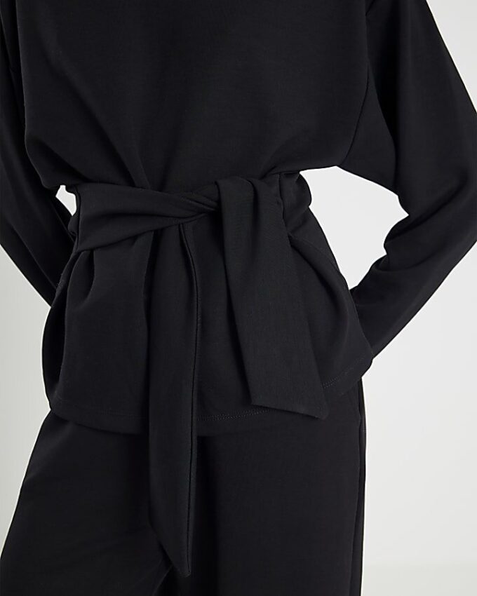 Black Premium Long Sleeve Tie Front Top