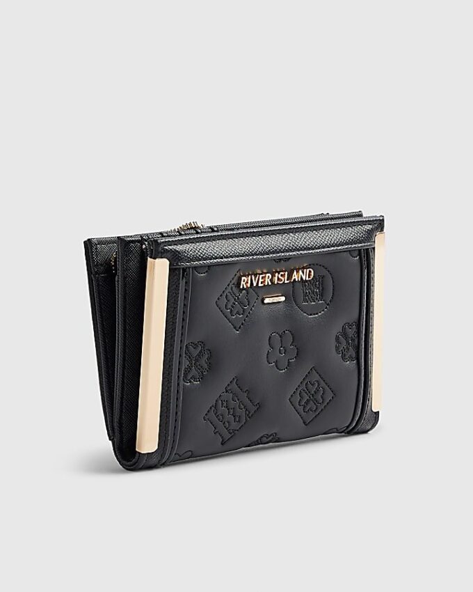 Black Quilted Monogram Print Fold Out Purse
