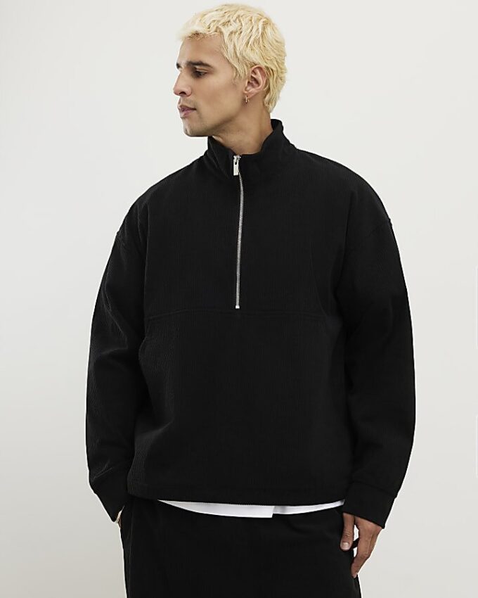 Black Regular Fit Corduroy Funnel Sweatshirt