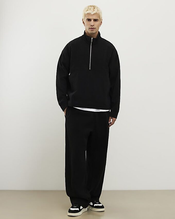 Black Regular Fit Corduroy Funnel Sweatshirt