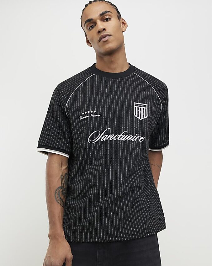 Black Regular Fit Pinstripe Football T-Shirt