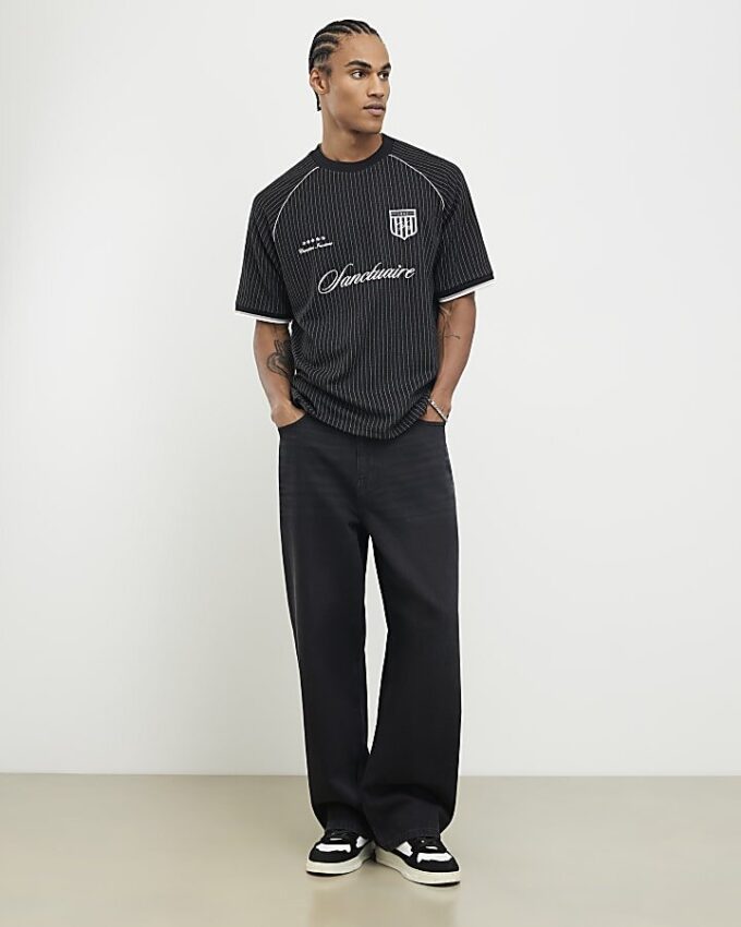 Black Regular Fit Pinstripe Football T-Shirt