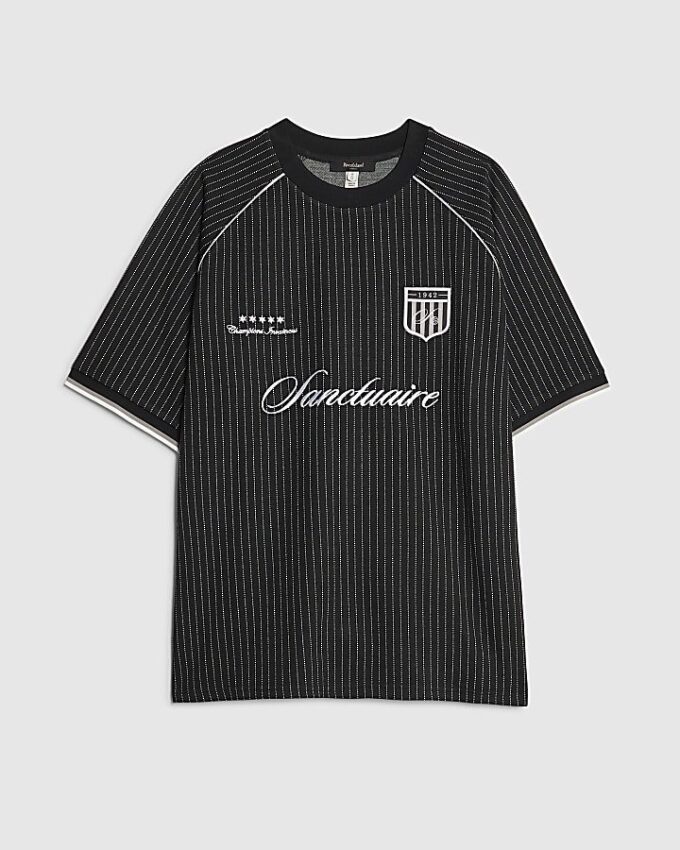 Black Regular Fit Pinstripe Football T-Shirt
